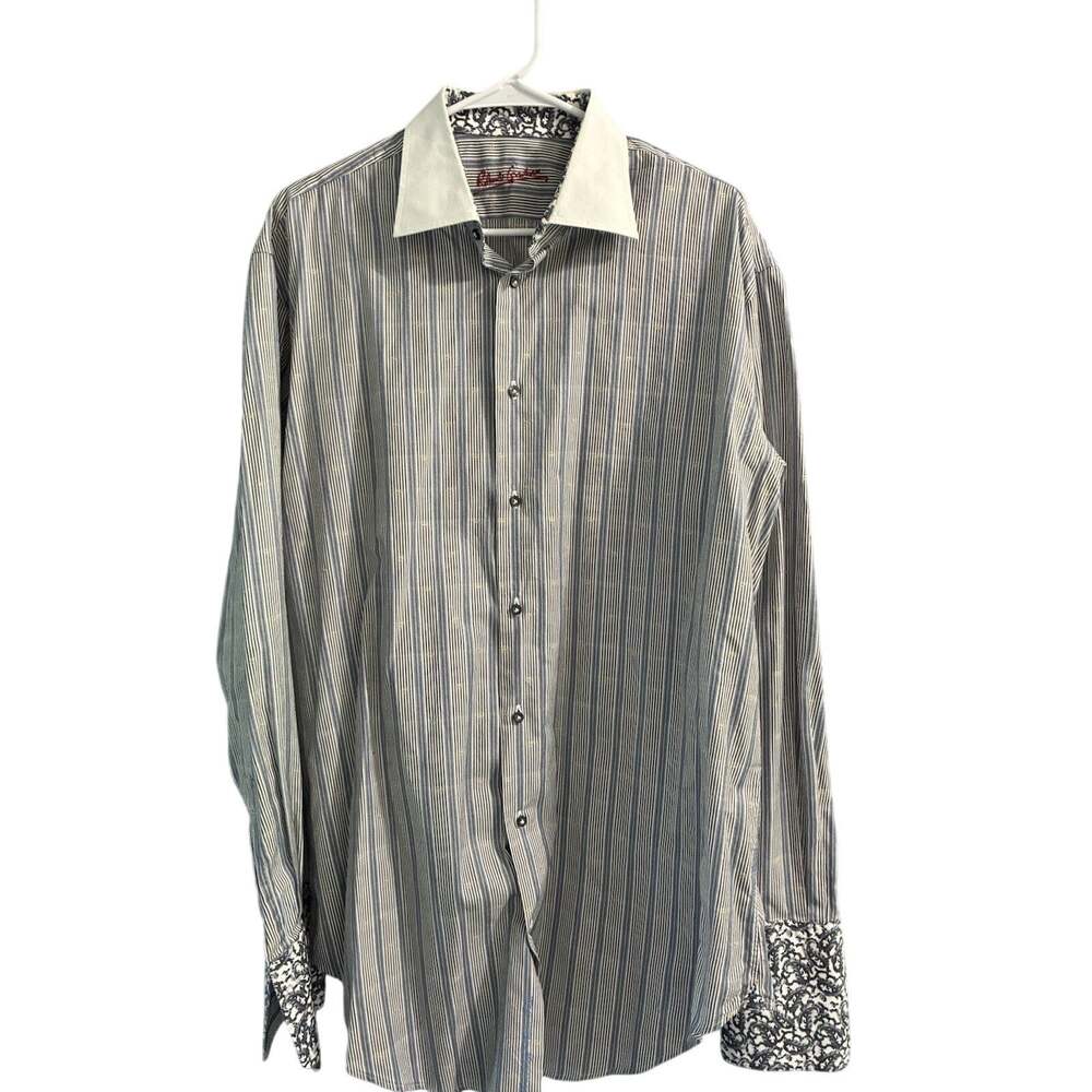 Robert Graham Dress Shirt Mens 17 36/37 Blue White Stripe Long Sleeve Flip Cuff